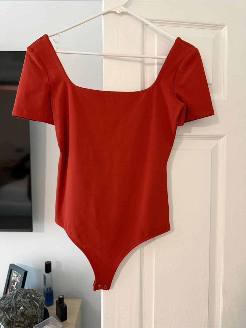 Express Red Short Sleeve Square Neck Bodysuit